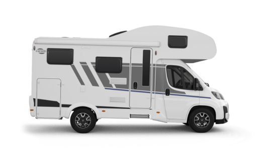 Carado camper met alkoof, zijaanzicht met toegangsdeur, ramen en opbergklep