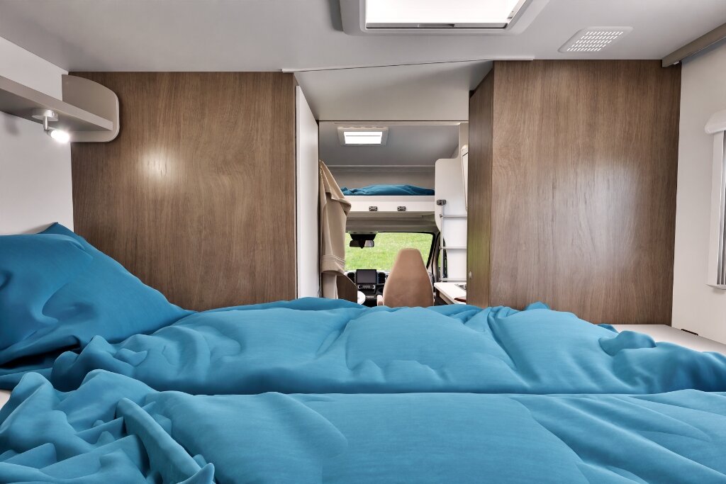 Schlafbereich im Carado Wohnmobil mit blau bezogenem Bett und Blick nach vorn zum Fahrerhaus mit Hubbett