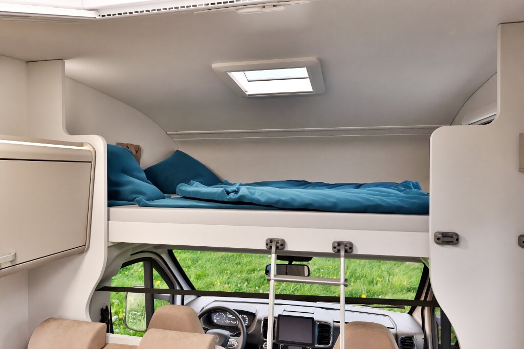 Schlafbereich im Carado Wohnmobil mit Hubbett über dem Fahrerhaus und Leiter