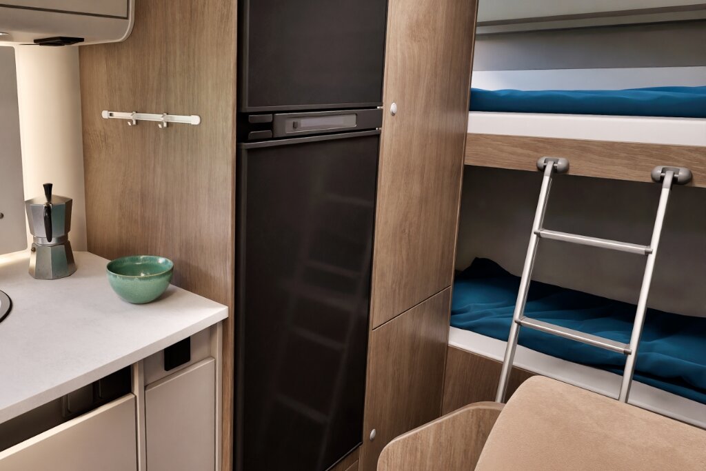 Innenraum Carado Wohnmobil mit Kühlschrank, Etagenbetten, Leiter und Küchenzeile