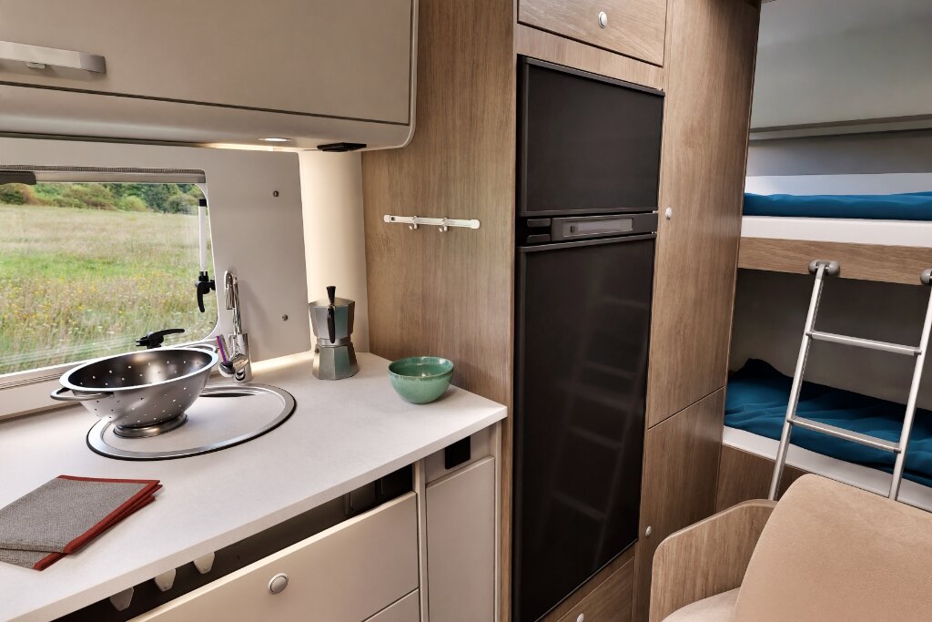 Innenraum Carado Wohnmobil mit Küche, hohem Kühlschrank und Etagenbetten im Heck