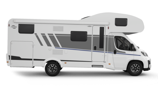 Carado camper, zijaanzicht van een alkoofmodel in wit met deur, ramen en grijze graphics