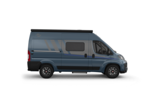 Camper van Carado blu in vista laterale con tendalino, porta scorrevole e finestrino laterale