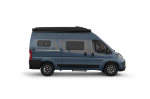 Camper van Carado blu in vista laterale con tendalino, porta scorrevole e finestrini oscurati