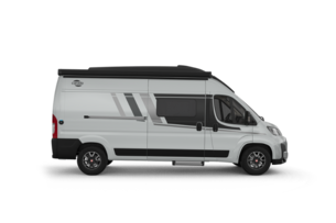Camper van Carado bianco in vista laterale, con porta scorrevole, finestrino laterale e tetto a soffietto nero