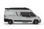 Autocaravana Carado en blanco, vista lateral, con puerta corredera, ventana lateral y techo elevable negro