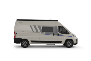 Camper van Carado in vista laterale, furgone bianco con tendalino e finestra laterale