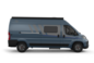 Van aménagé Carado bleu vu de côté avec porte coulissante, fenêtre latérale et auvent