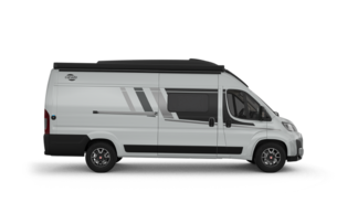 Camper Carado bianco in vista laterale con tetto a soffietto e porta scorrevole