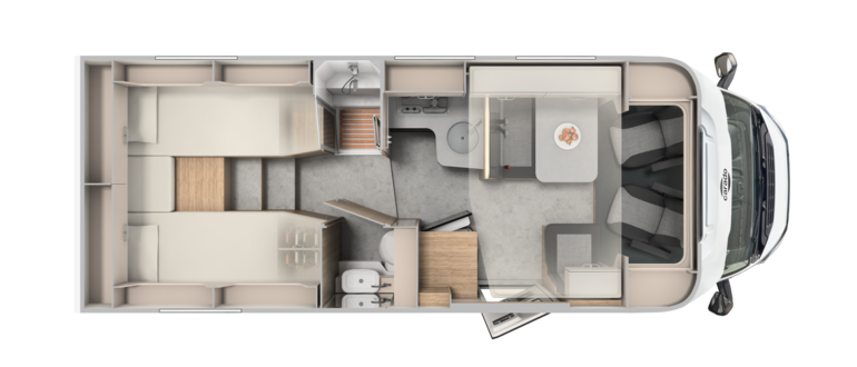 Pianta del camper Carado con letti singoli, zona living, cucina e bagno in vista dall’alto