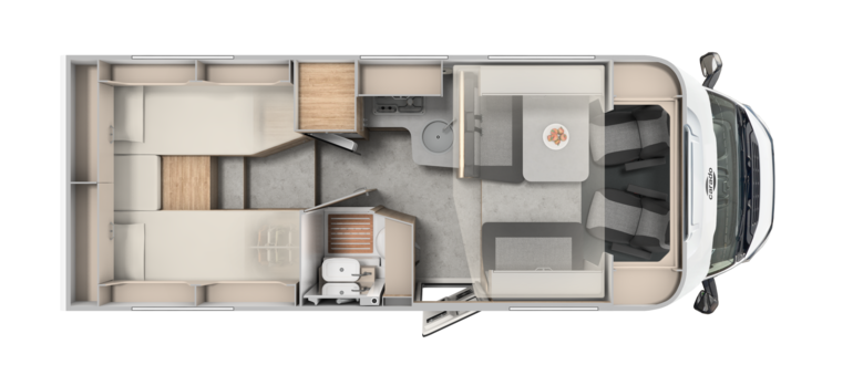 Pianta del camper Carado con letti singoli posteriori, dinette, cucina e bagno, vista dall’alto