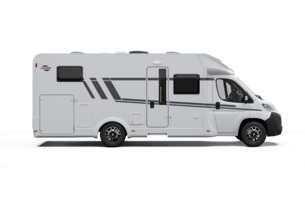 Motorhome Carado bianco, vista laterale, scontornato, con porta d'ingresso, finestre e garage posteriore