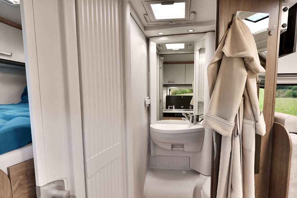 Bad im Carado Wohnmobil mit Waschbecken, Spiegel, Dachfenster und Blick zum Schlafbereich