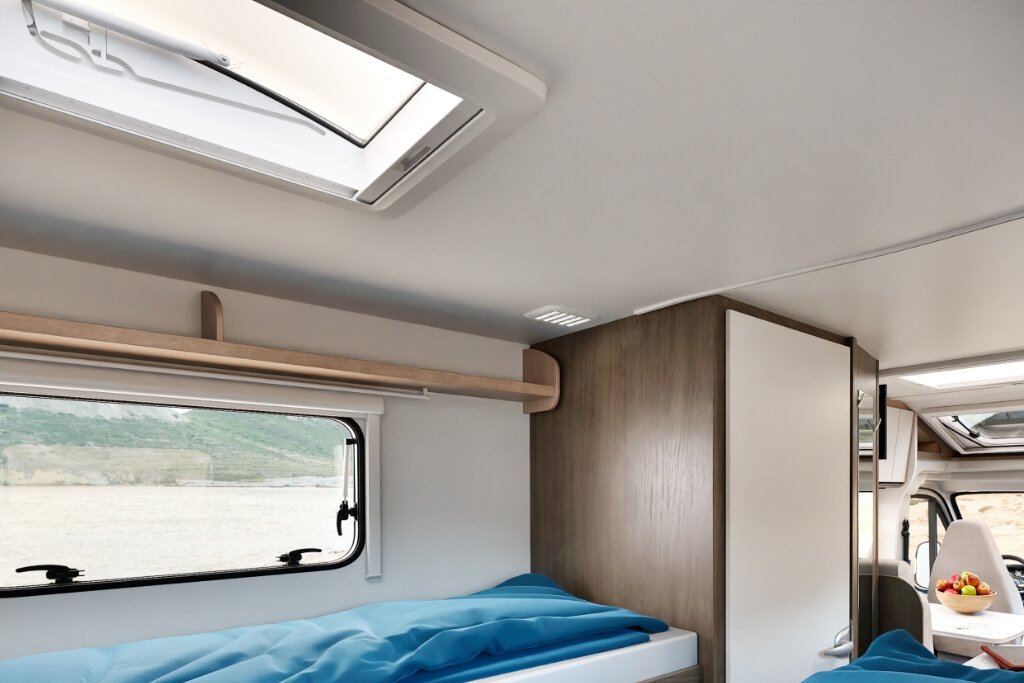Schlafbereich im Carado Wohnmobil mit Einzelbett, Dachfenster, Seitenfenster und Hochschrank