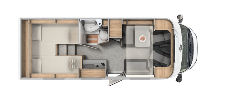 Plan d’aménagement vu de dessus d’un camping-car Carado avec lits jumeaux, salle de bains, cuisine et coin salon