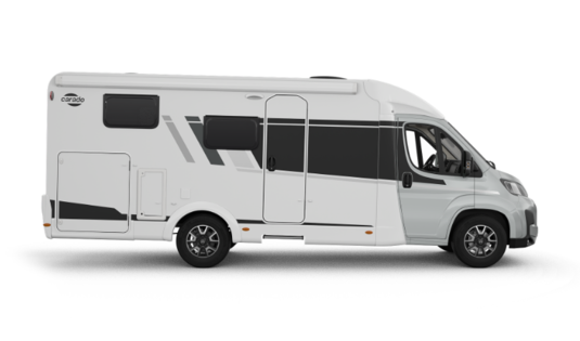 Carado Wohnmobil, Seitenansicht von links mit Eingangstür, Fenstern und Markise freigestellt