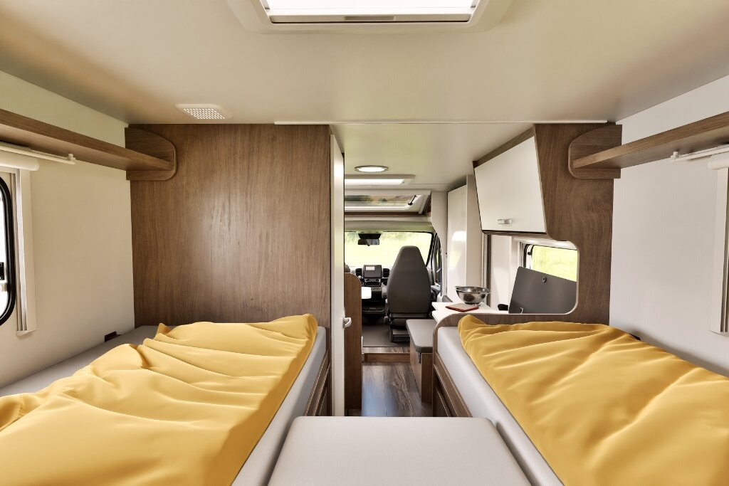 Schlafbereich im Carado Wohnmobil mit zwei Einzelbetten und Blick nach vorn