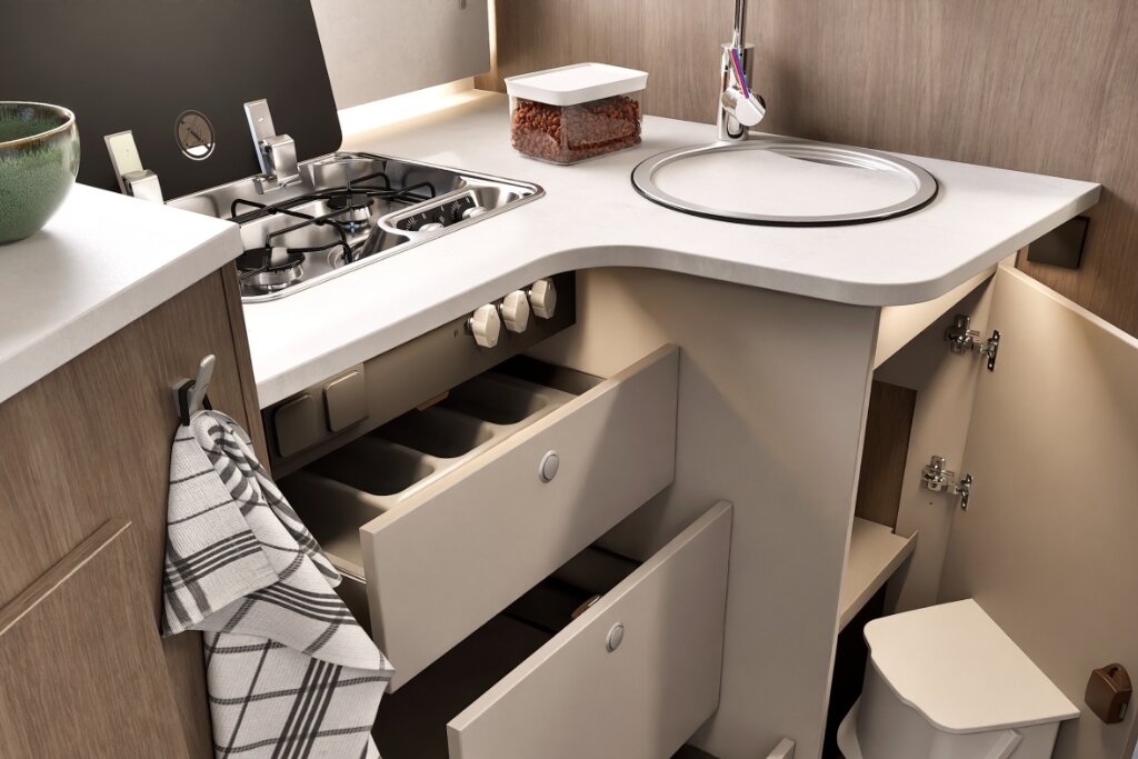 Carado motorhome kitchen with gas hob, sink, drawers and base cabinet