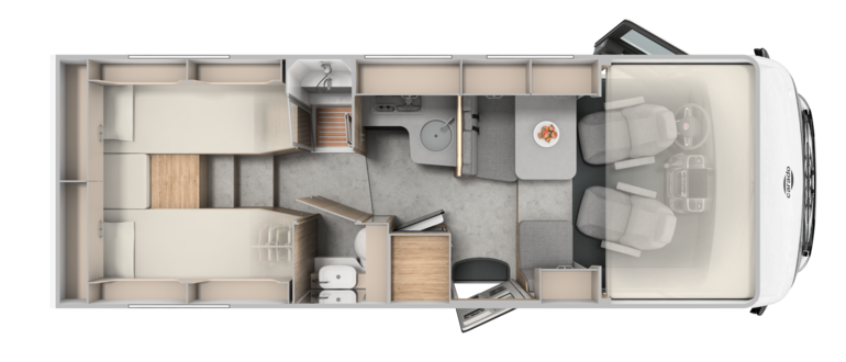 Vue de dessus du plan d’un camping-car Carado avec lit arrière, salle de bain, cuisine et coin repas