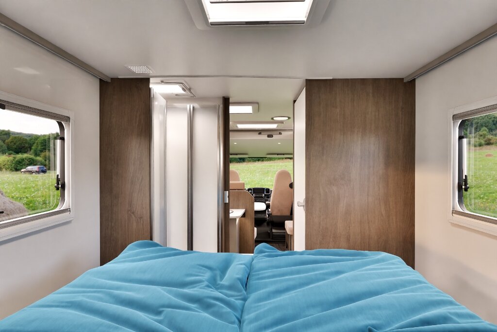 Sleeping area in the Carado motorhome with a double bed, windows and a forward view into the cab