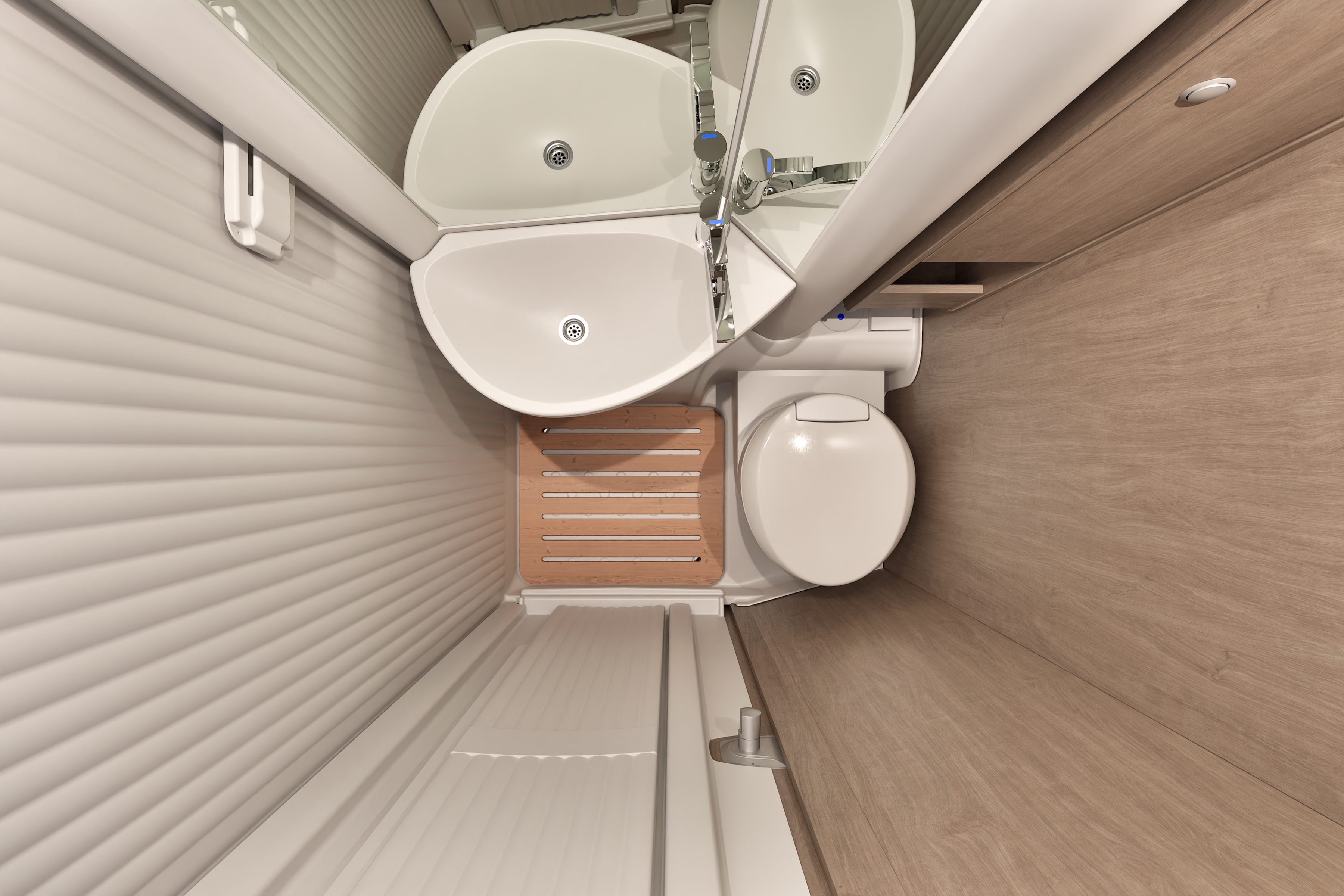 Modernes Badezimmer im Carado Alkoven Wohnmobil mit Dusche und WC