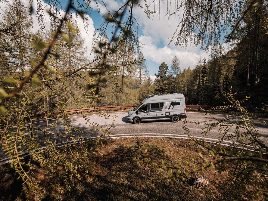 Camper Van 590 4x4 grau auf einer Straße im Wald